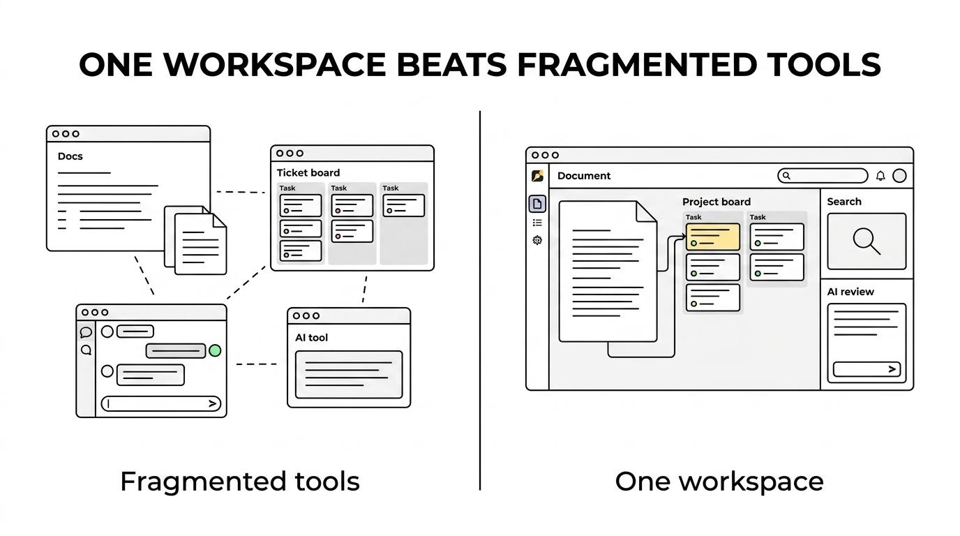 Side-by-side comparison of a fragmented intranet setup with separate chat, tickets, docs, and AI tools versus a unified TOW workspace combining docs, projects, search, memory, and reviewable AI.