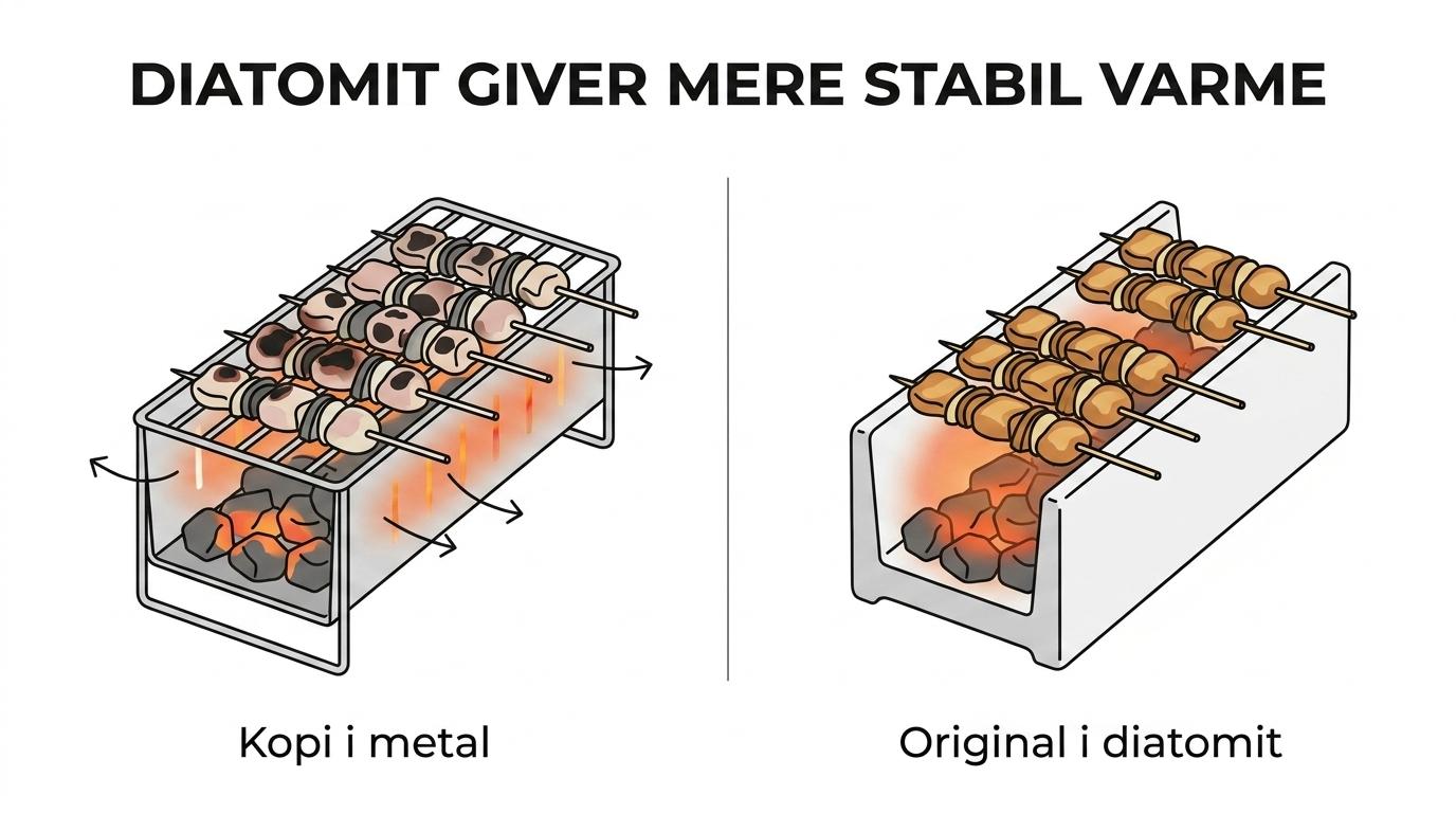 Side-by-side af en original japansk yakitori grill i diatomit og en typisk kopi, med tydelig forskel i koncentreret og mere diffus varme.