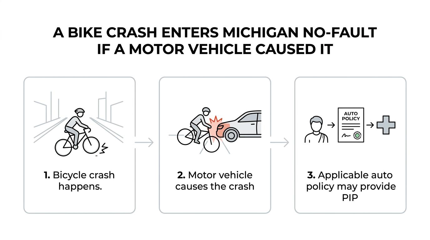 Flowchart showing how a bicycle crash involving a motor vehicle can lead to Michigan no-fault benefits, policy review, and possibly a claim against the driver.
