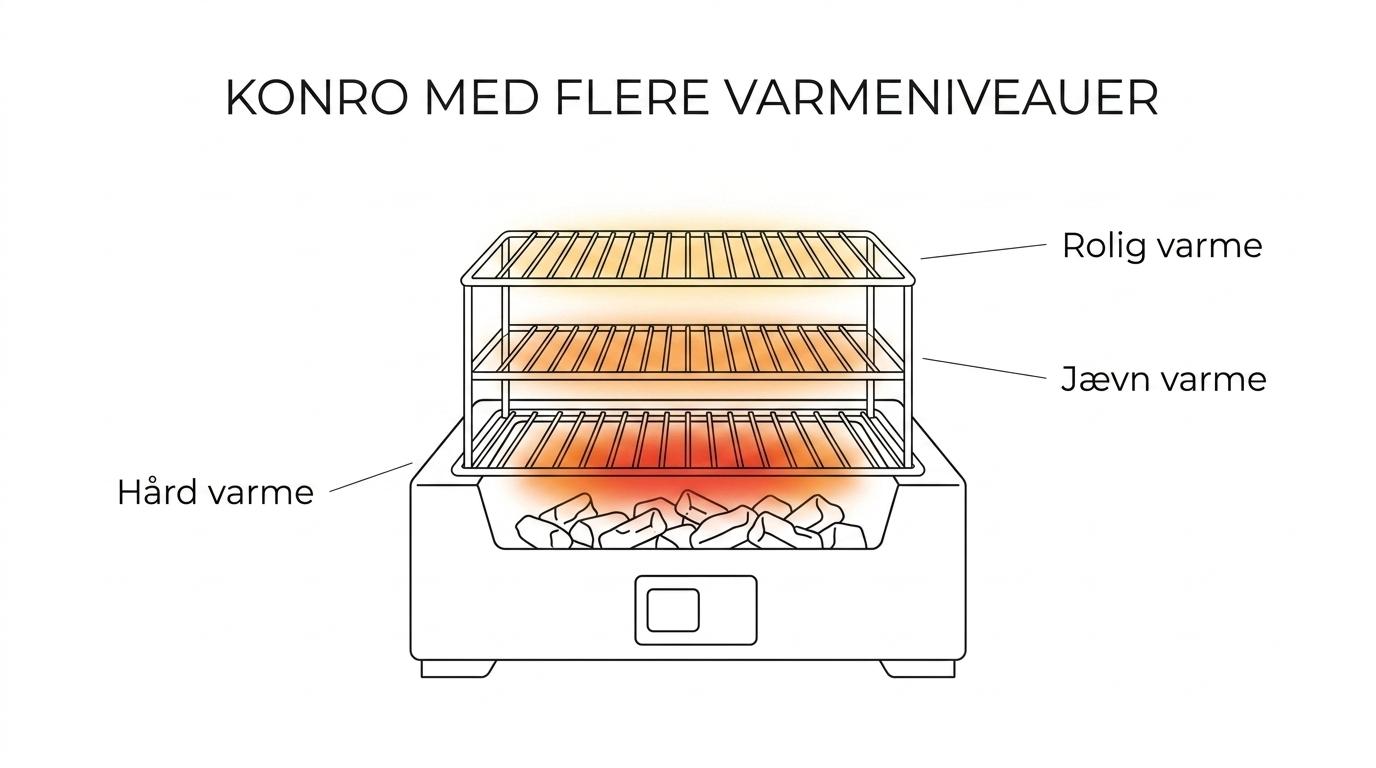 Labeled illustration of a Japanese konro grill with a yakitori robata stand, multiple rack levels, removable grates, and heat zones from intense to gentler.