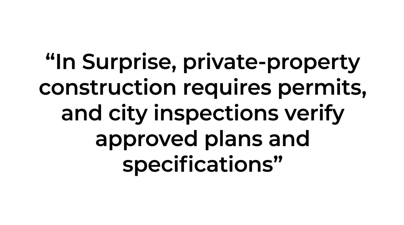 Highlighted quote stating that private-property construction in Surprise requires permits and city inspections verify approved plans and specifications.