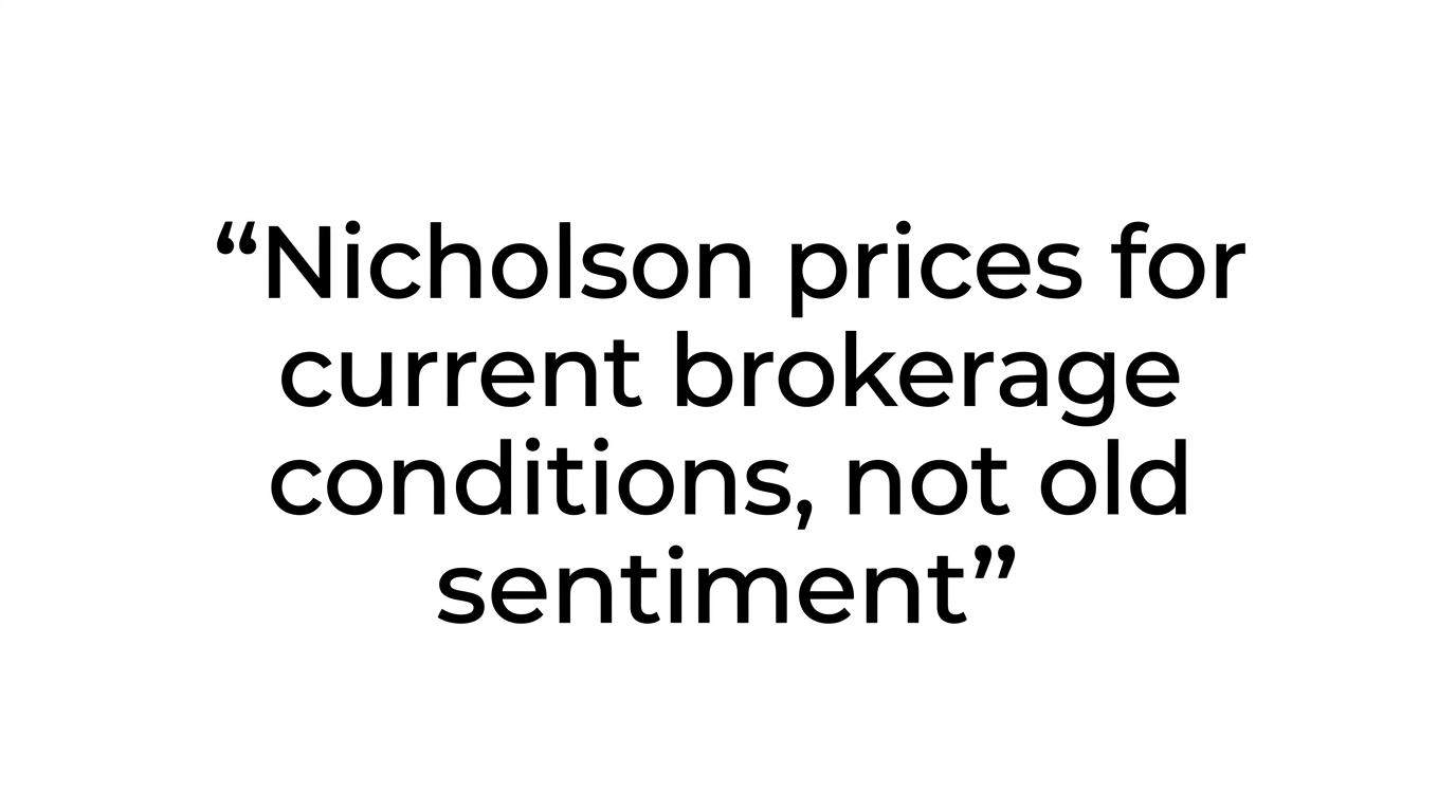 Highlighted quote stating that Nicholson prices for current brokerage conditions, not old sentiment, and that 2025 boat sales finished 9% below 2024 levels.