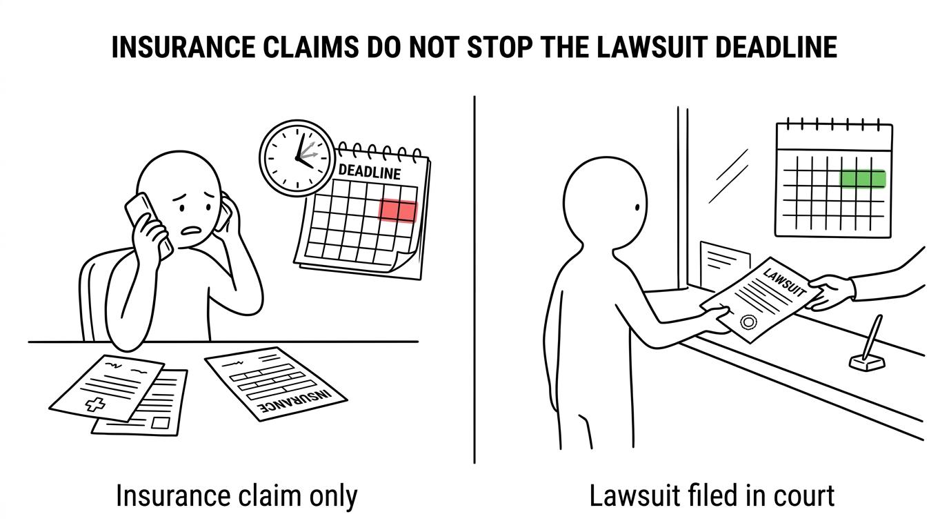 Side-by-side visual comparing ongoing insurance claim activity with a fixed Michigan lawsuit filing deadline.