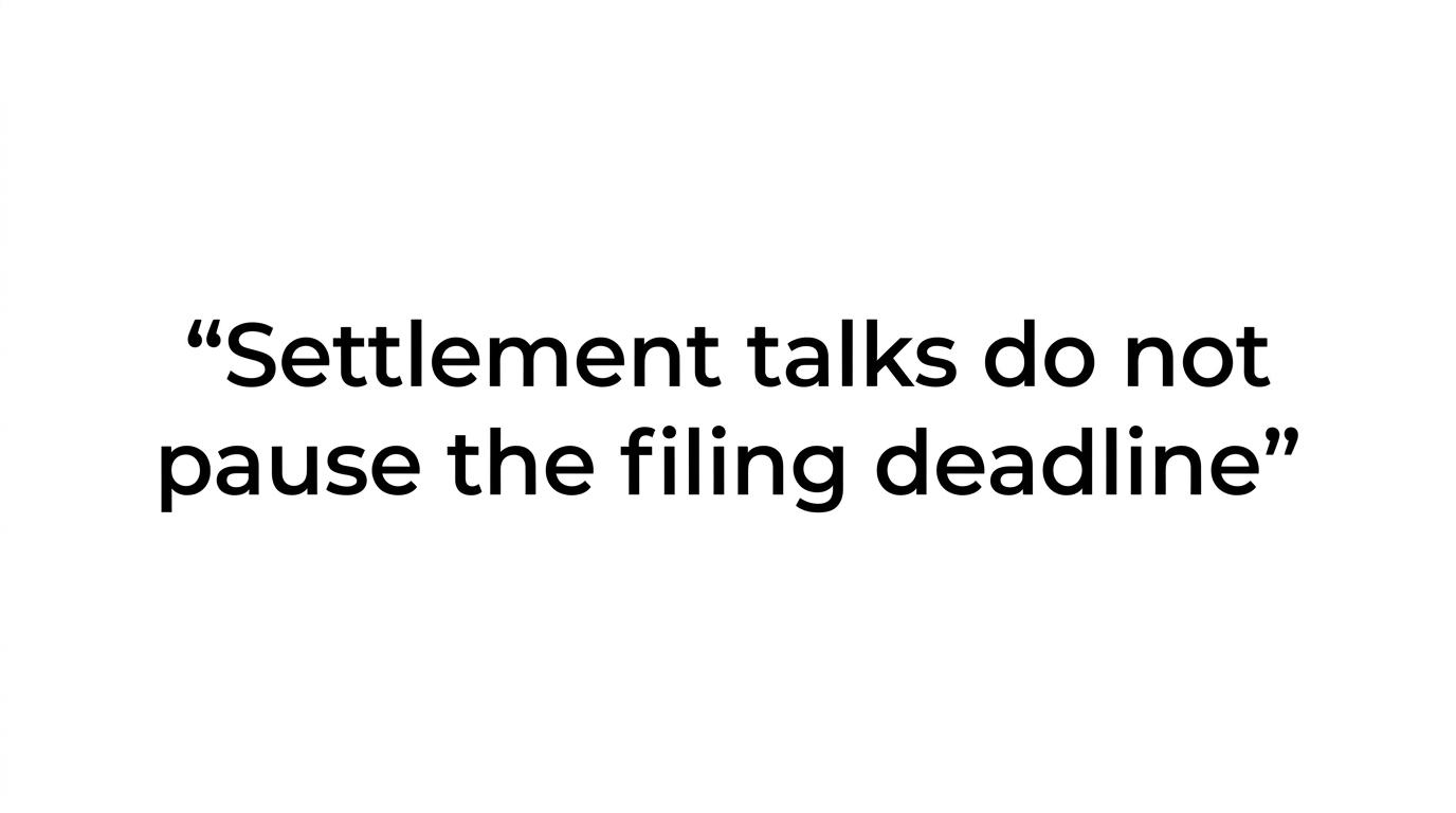 Quote highlight showing the warning that settlement talks do not pause the filing deadline.