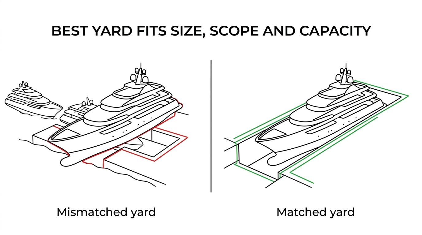 Side-by-side comparison of Mediterranean yacht refit yards showing La Ciotat, Navantia Cartagena, Amico & Co, GY Shipyard, and Istra Yachting with key capacity metrics and ideal refit types.