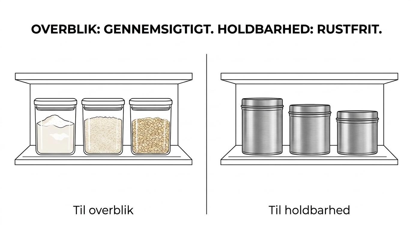 Sammenligning af gennemsigtige condibøtter og rustfri opbevaringsbøtter til køkkenet med fokus på overblik, holdbarhed og rengøring.