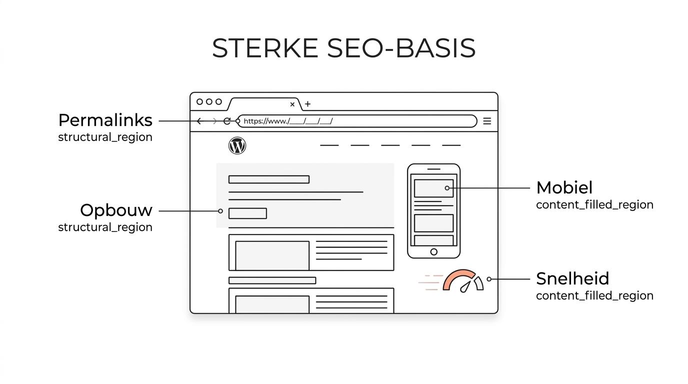 Diagram van een WordPress-website met labels voor SEO-structuur, mobiele weergave, snelheid, beheer en vertrouwen.