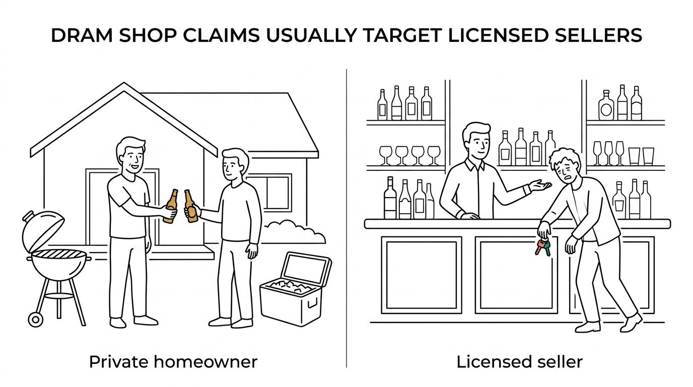 Side-by-side comparison of Michigan alcohol-related BBQ liability for a private homeowner, a licensed seller, and minor-drinking situations.