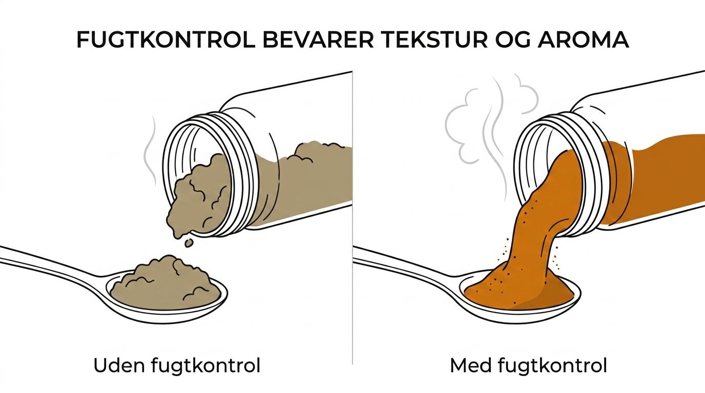To krydderiglas side om side: et med klumpet krydderipulver uden fugtbeskyttelse og et med løst, tørt pulver med en Silicasec-pose.