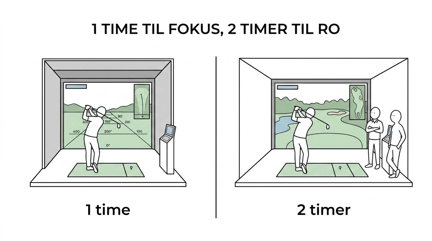 Sammenligning af 1 times og 2 timers golfsimulatorbooking med fokus på træning, antal spillere, tempo og hvor mange huller man typisk når.