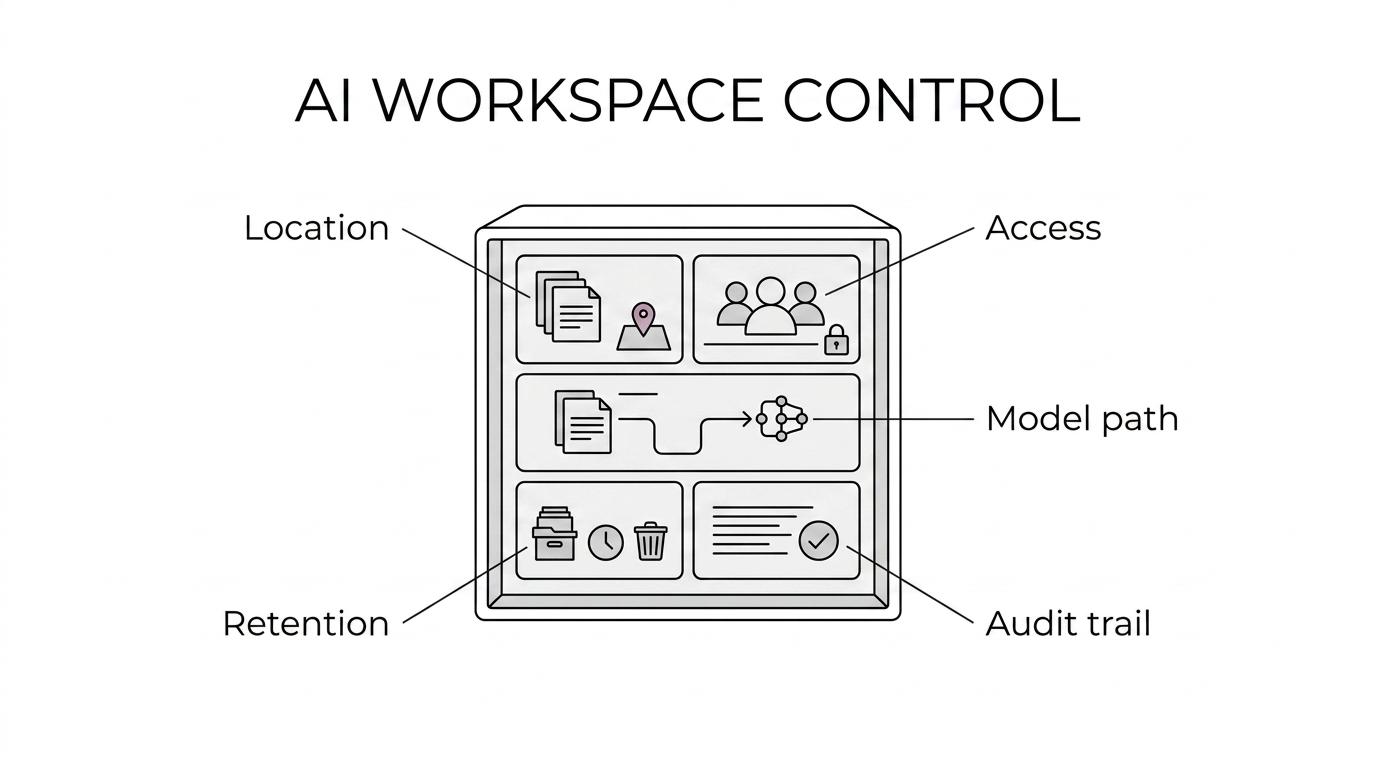 Diagram of an AI workspace with labeled control areas: data location, access boundaries, model routing, retention and deletion, auditability, and administrative control.