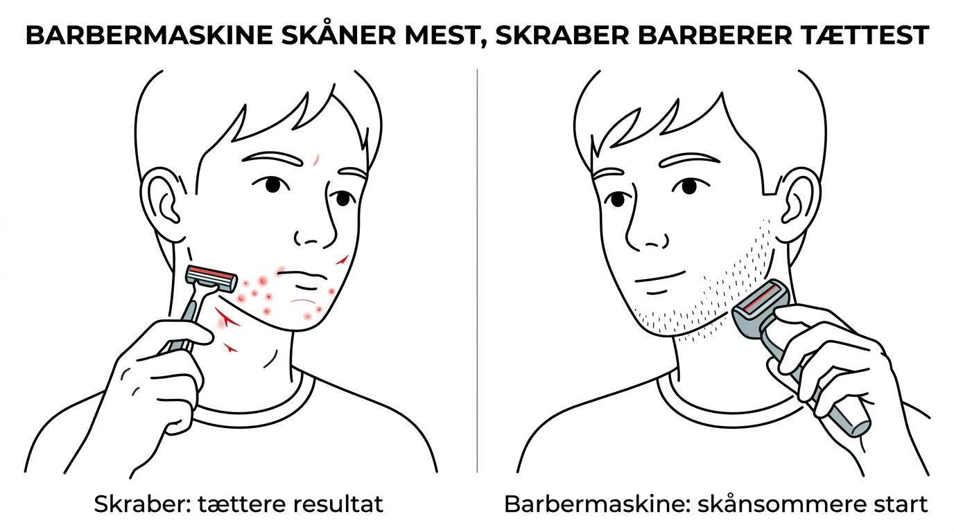 Side-by-side sammenligning af en teenager, der bruger en elektrisk barbermaskine på den ene side og en manuel skraber på den anden, med fokus på komfort og tæthed.