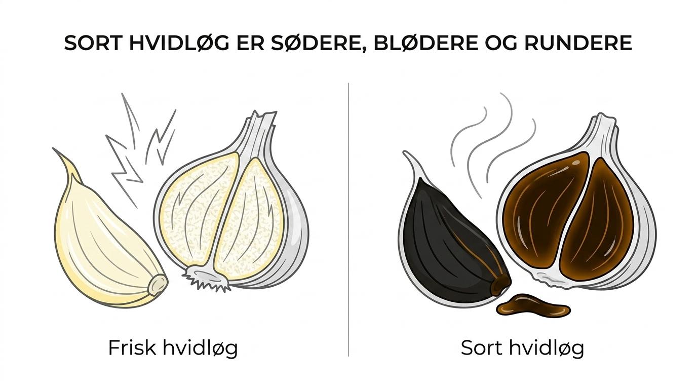 Side om side visning af frisk hvidløg og sort hvidløg med synlige forskelle i farve, tekstur og typisk brug.