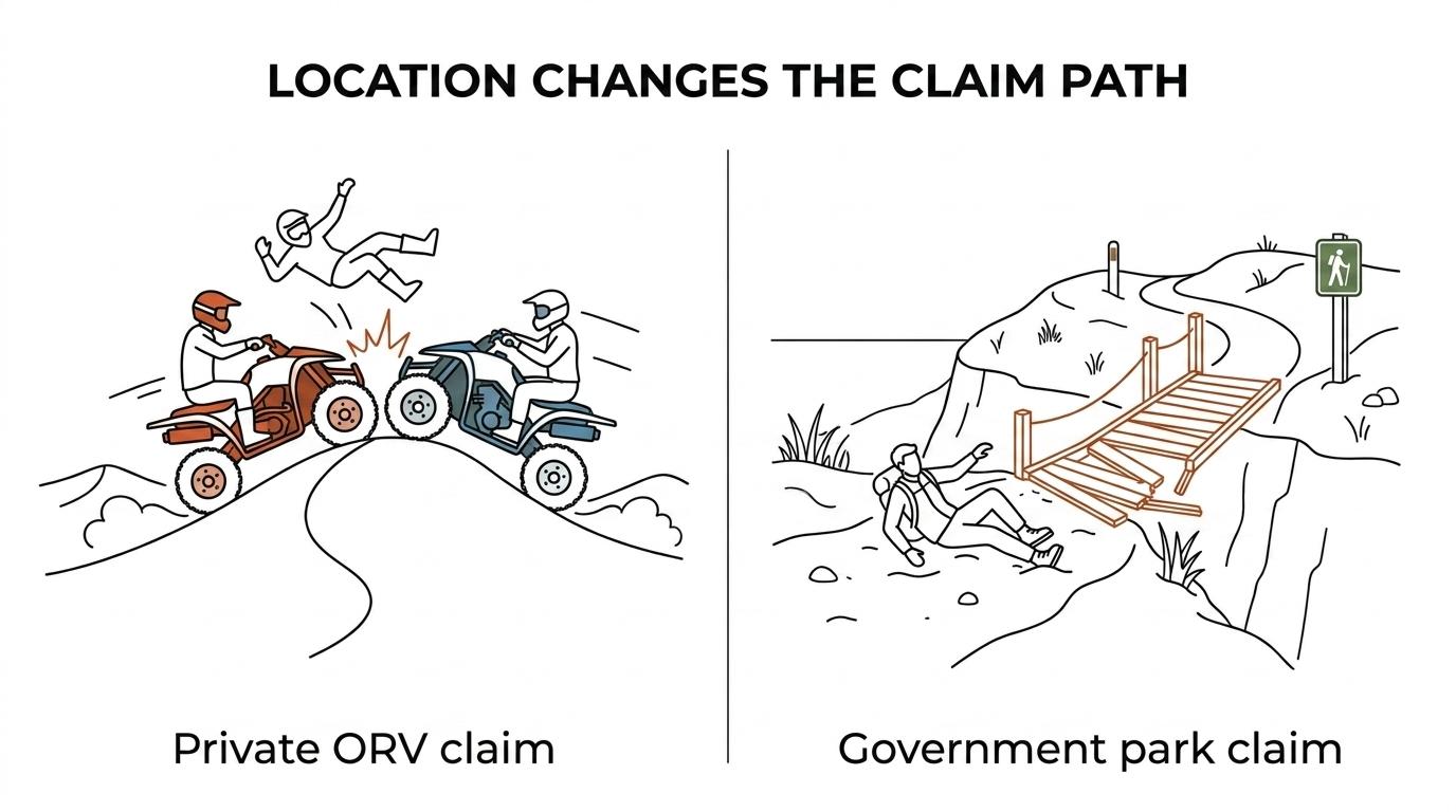 Side-by-side comparison of a Silver Lake ORV crash and a Sleeping Bear hiking injury, highlighting different causes, defendants, evidence, and claim paths.