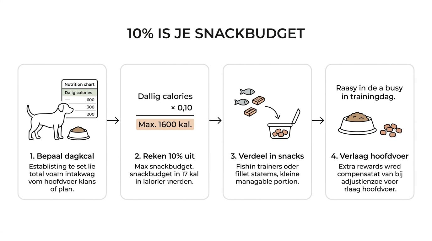 Stapsgewijze uitleg die laat zien hoe je van dagelijkse calorie-inname naar een maximaal snackbudget en passende porties rekent.