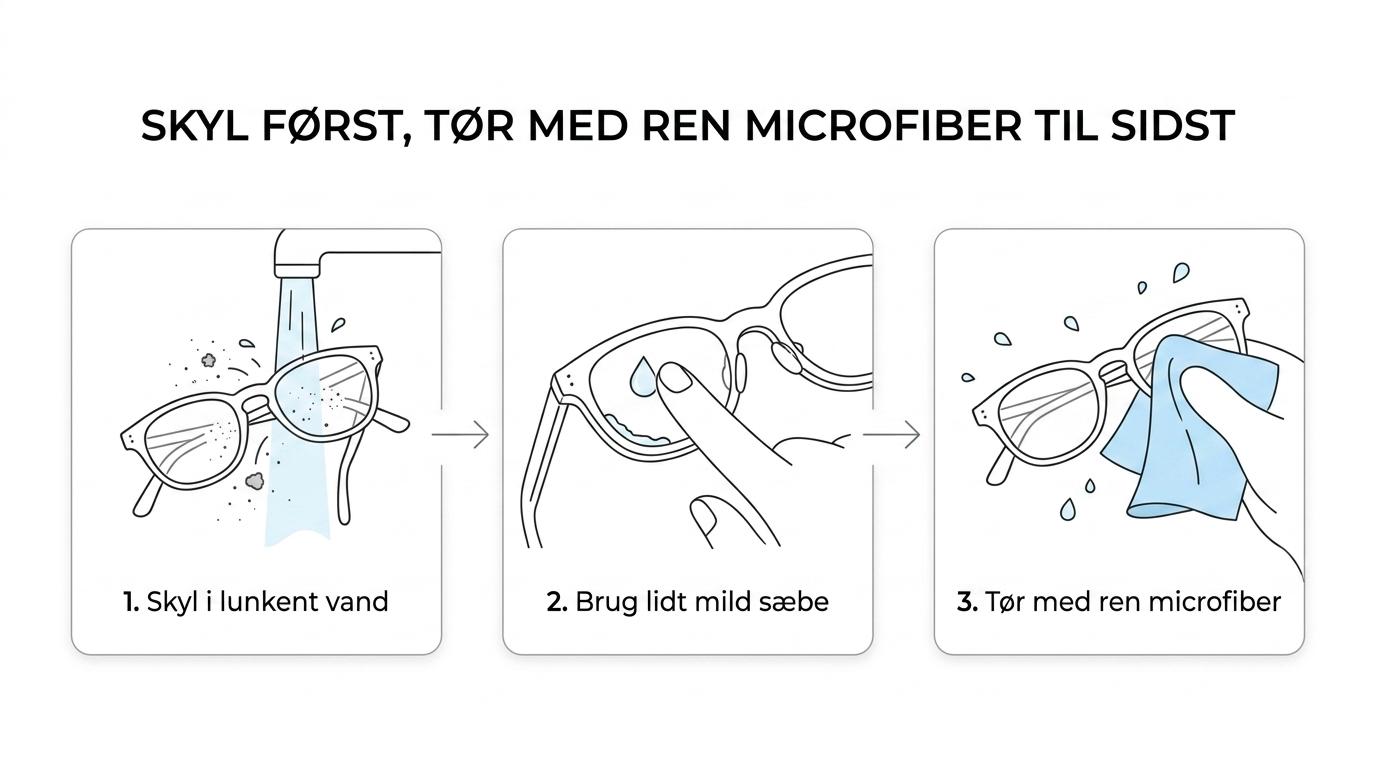 En trinvis visning af korrekt brillerengøring: skylning, mild sæbe og forsigtig tørring med ren microfiberklud.