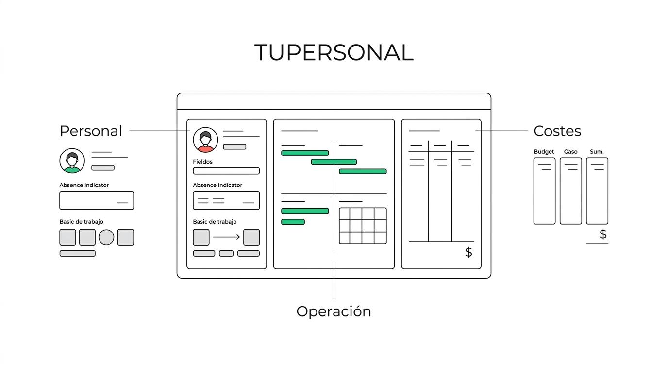Esquema de TuPersonal con módulos de jornada, ausencias, turnos, proyectos, cuadrantes, gastos y documentación conectados a una visión central de análisis.