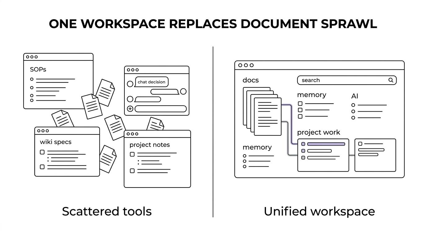 Side-by-side comparison of scattered documents across chat, wiki, files, and project tools versus a unified TOW workspace with docs, search, memory, and project context together.