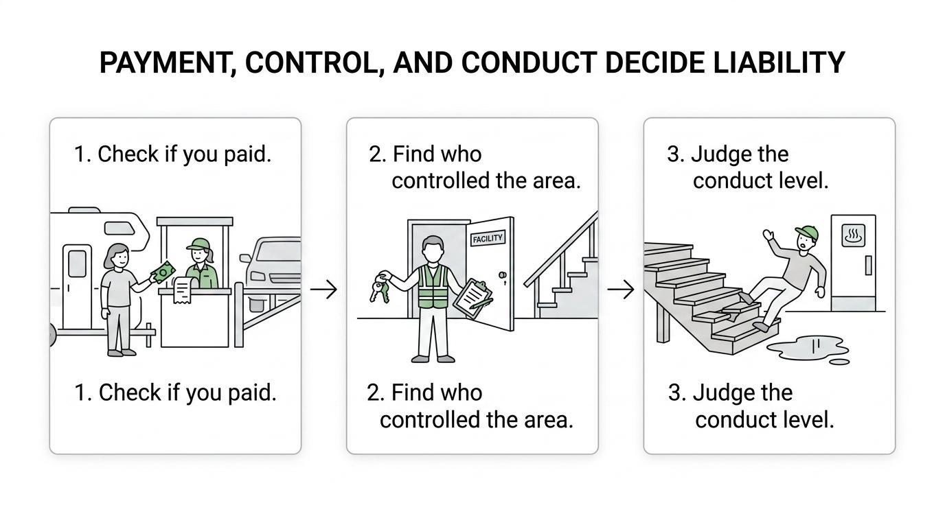 Flowchart showing how a Michigan campground injury claim branches based on payment, who controlled the area, and whether the conduct was negligent or grossly negligent.