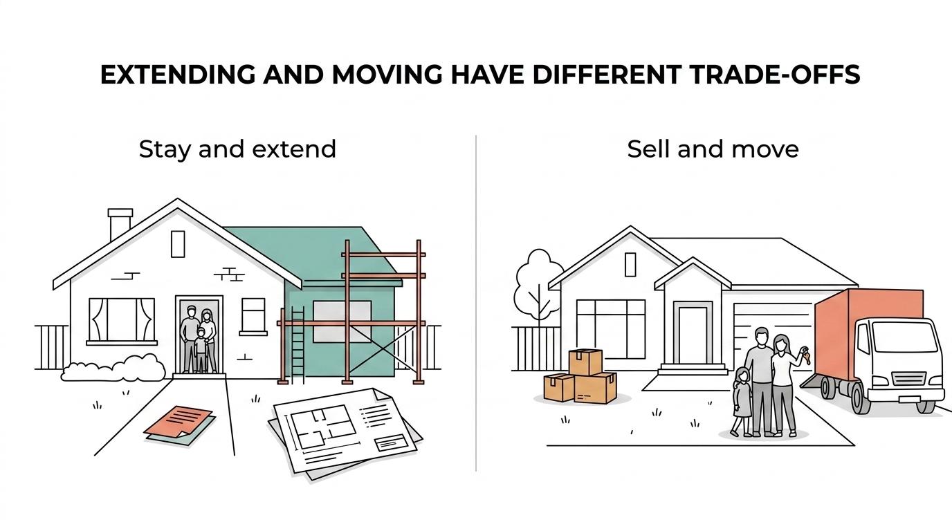 Side-by-side comparison of extending your current home versus moving house, showing differences in cost, consent risk, structural feasibility, and lifestyle disruption.