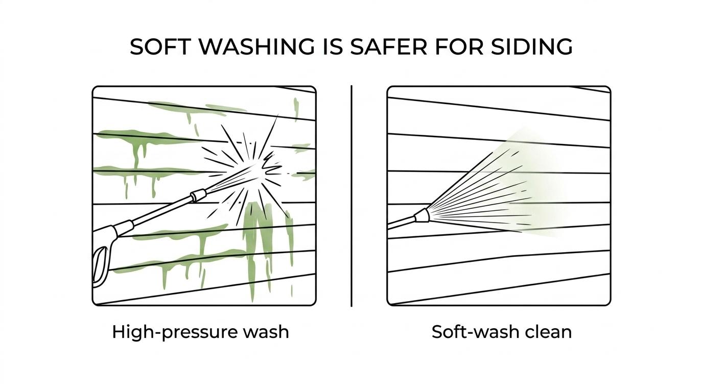 Side-by-side exterior cleaning comparison showing soft washing on house siding and pressure washing on a concrete surface.