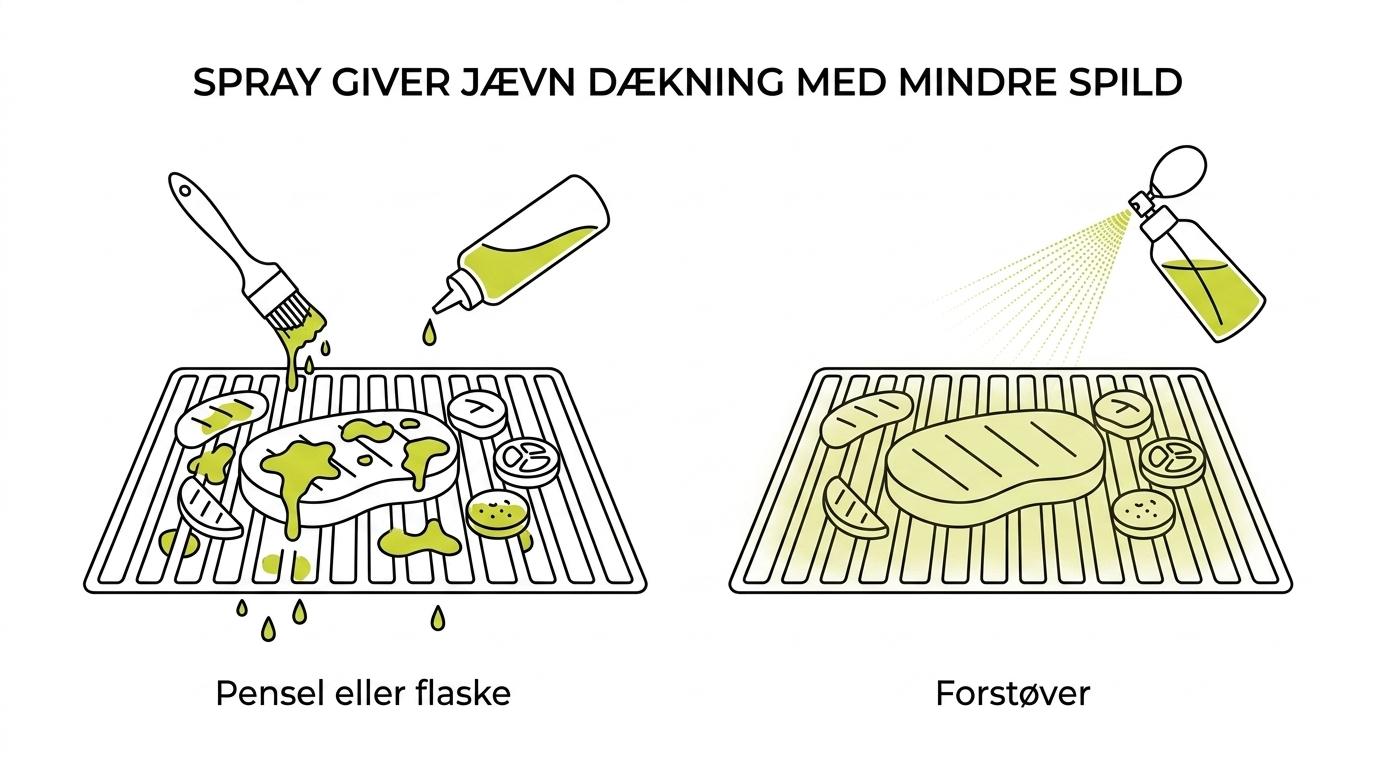 Side om side-visning af råvarer med ujævn penslet marinade versus en fin, jævn spray på grillen.