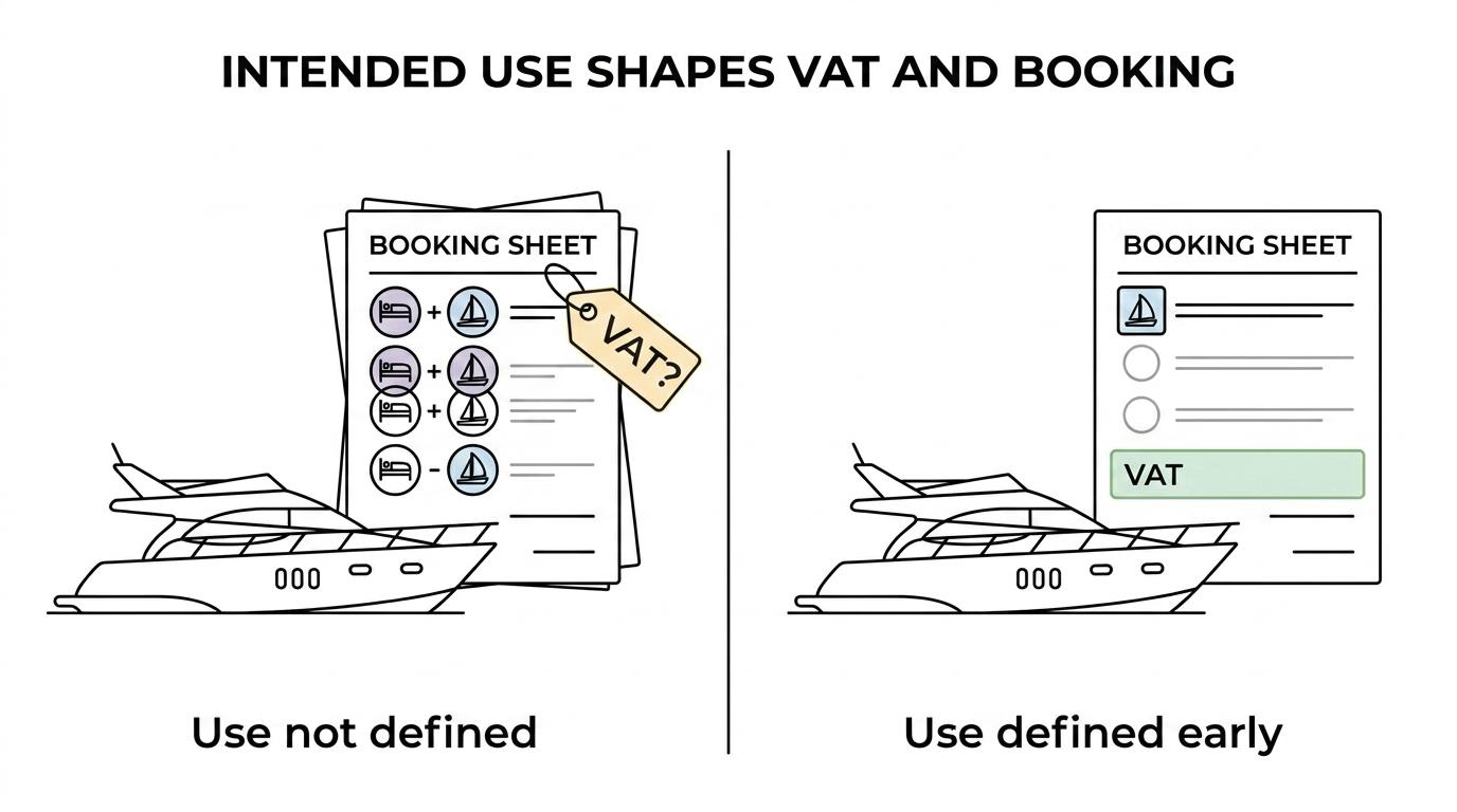 Side-by-side comparison of yacht hire, holiday accommodation, and day-use charter options with different booking and VAT considerations.