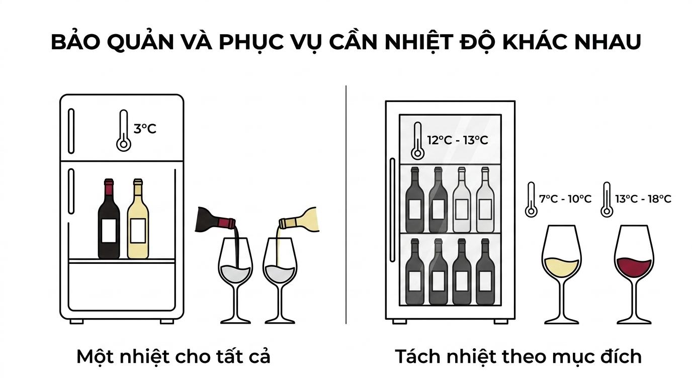 Bảng so sánh nhiệt độ bảo quản rượu vang với nhiệt độ phục vụ cho vang trắng và vang đỏ.