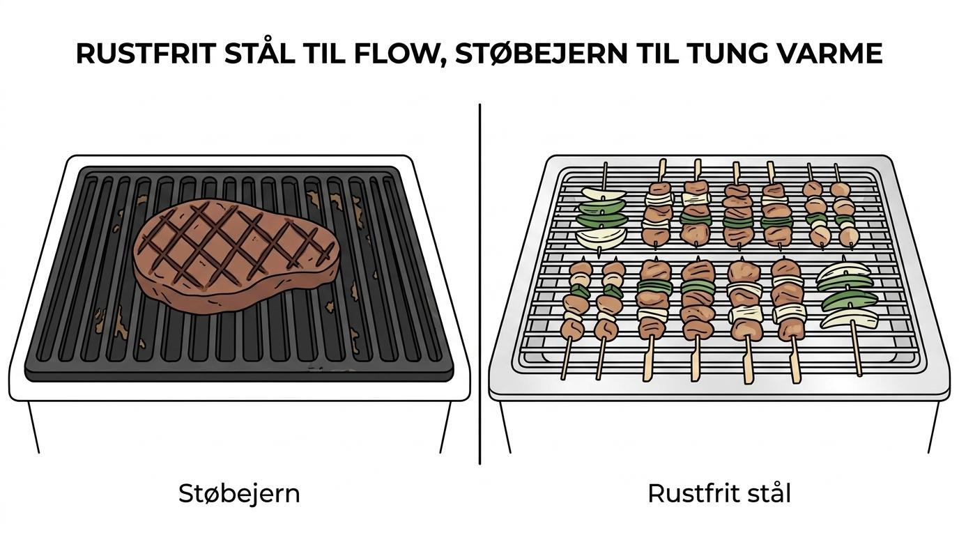 Side-by-side sammenligning af en rustfri grillrist og en støbejernsrist på japanske grill med forskelle i rengøring, vægt, korrosionsmodstand og varmeoplevelse.