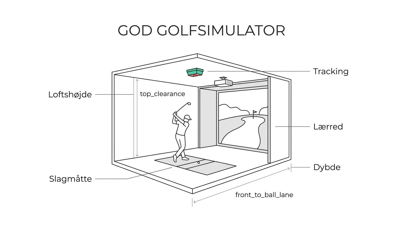 Labeled indoor golf simulator bay showing ceiling sensor, hitting area, impact screen, projector, and required room dimensions.