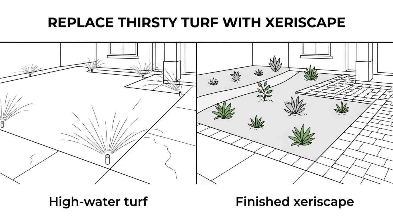 Side-by-side front yard comparison showing a turf-heavy yard on one side and a finished Buckeye xeriscape with gravel, drought-tolerant plants, pavers, and clean layout on the other.