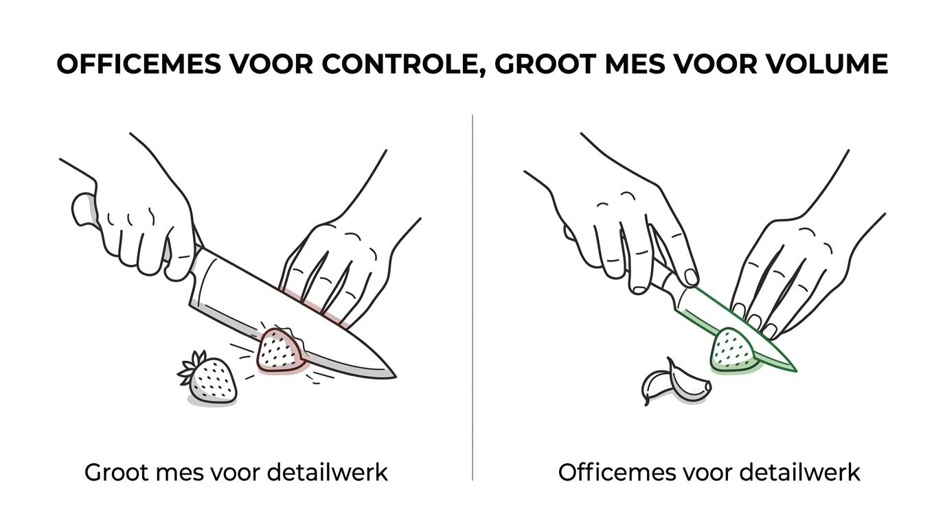 Vergelijking van een klein officemes naast een groter koksmes, met kleine ingrediënten voor precisiewerk en grotere voorbereidingsklussen.