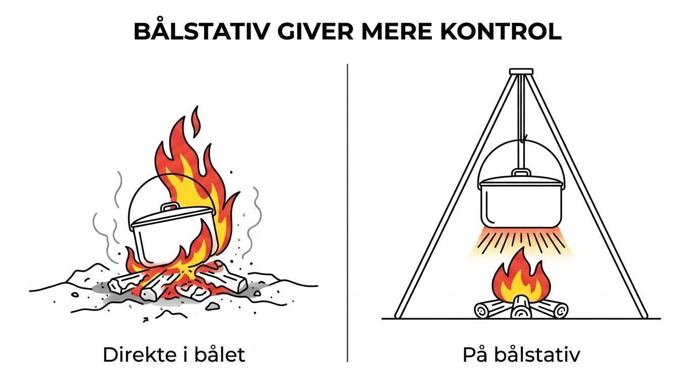 Side om side ses en gryde placeret ustabilt direkte i gløderne og en gryde hængt sikkert over bålet i et bålstativ.
