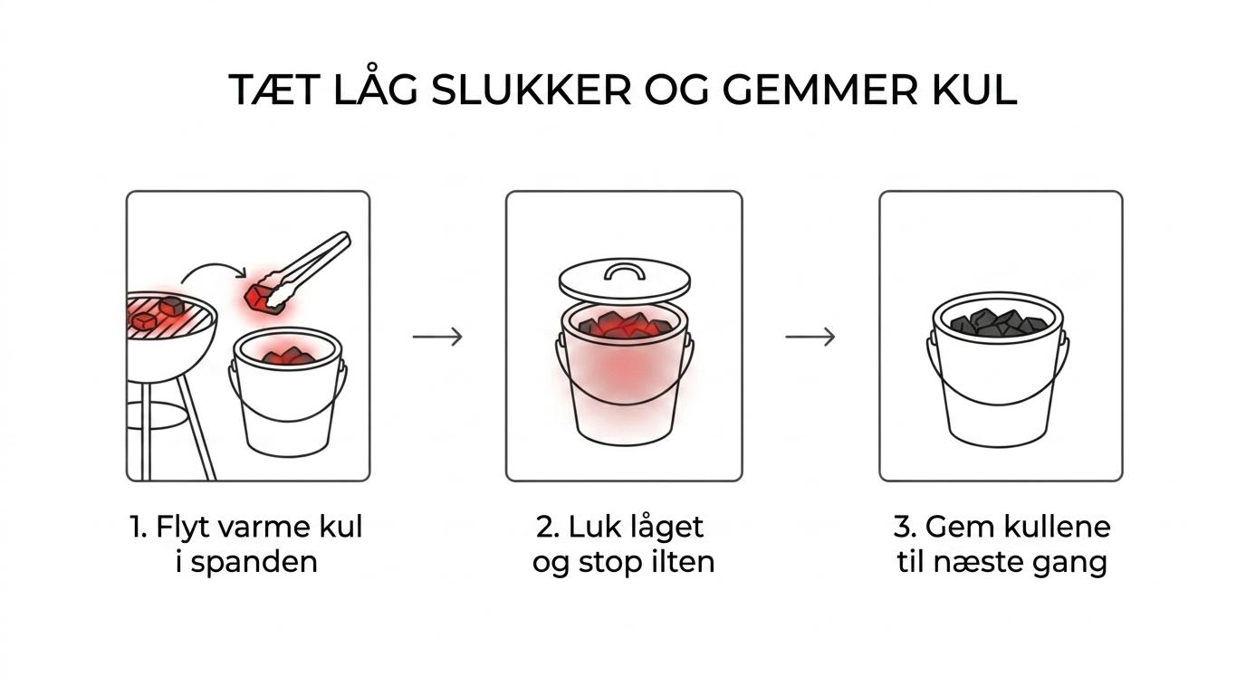 Trinvis visning af varme kul, der flyttes til en japansk kulspand, låget lukkes, og de slukkede kul gemmes til senere brug.