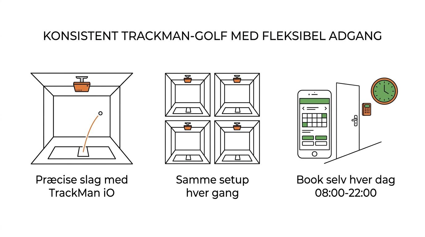 Oversigtsgrafik med Hadsten Indoor Golfs vigtigste fordele: fire ens simulatorbokse, TrackMan iO, op til fire spillere, fast pris og daglig adgang.