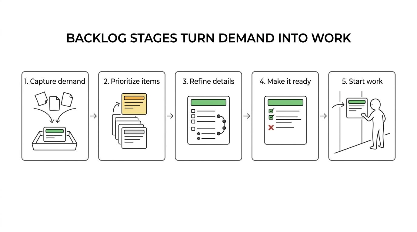 A workflow showing backlog items moving through stages from Captured to Prioritized, Refined, Ready, and In Progress, with brief readiness notes at each step.