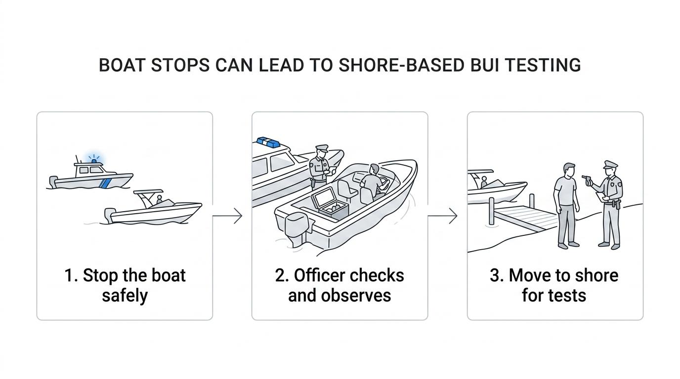 Flow diagram showing a Michigan boat stop progressing from officer signal and safety checks to observations, shore-based sobriety tests, a preliminary breath test, and release or arrest.
