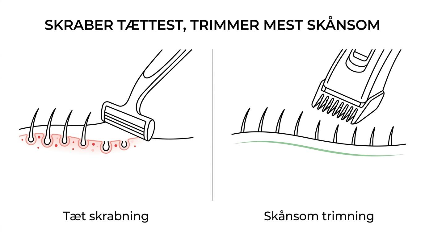 Sammenligning af intimtrimmer, skraber og barbermaskine på tæthed, irritation og vedligehold.