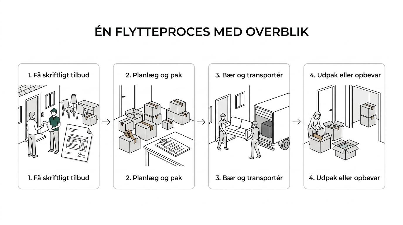 Procesoversigt over en flytning med konsulentbes&oslash;g, skriftligt tilbud, nedpakning, transport og eventuel opbevaring.