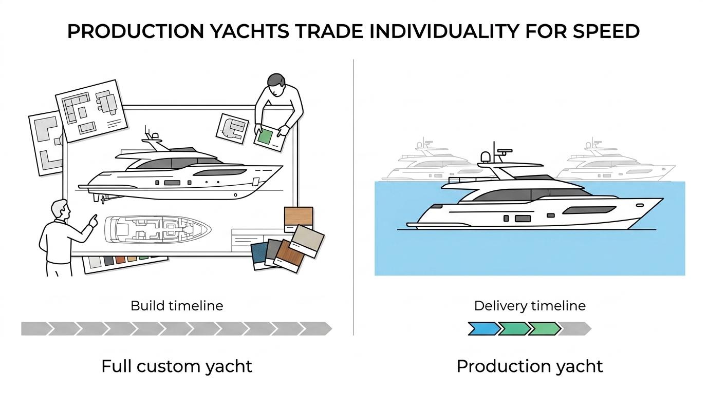 Side-by-side comparison of full custom, semi-custom, and production yachts across design freedom, build time, cost, risk, and owner involvement.