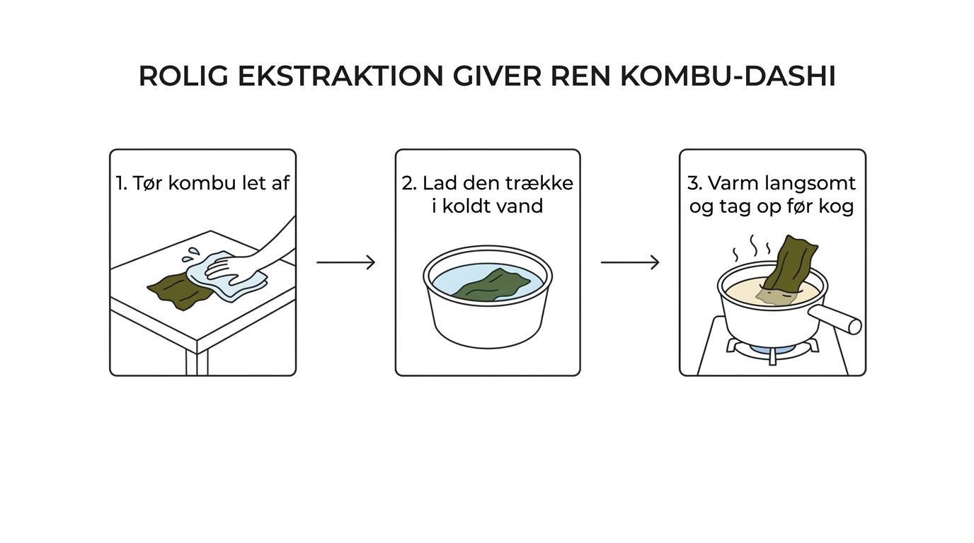 Trinvis visning af kombu-dashi: tør kombu let af, læg den i koldt vand, og varm langsomt op før kogepunktet.