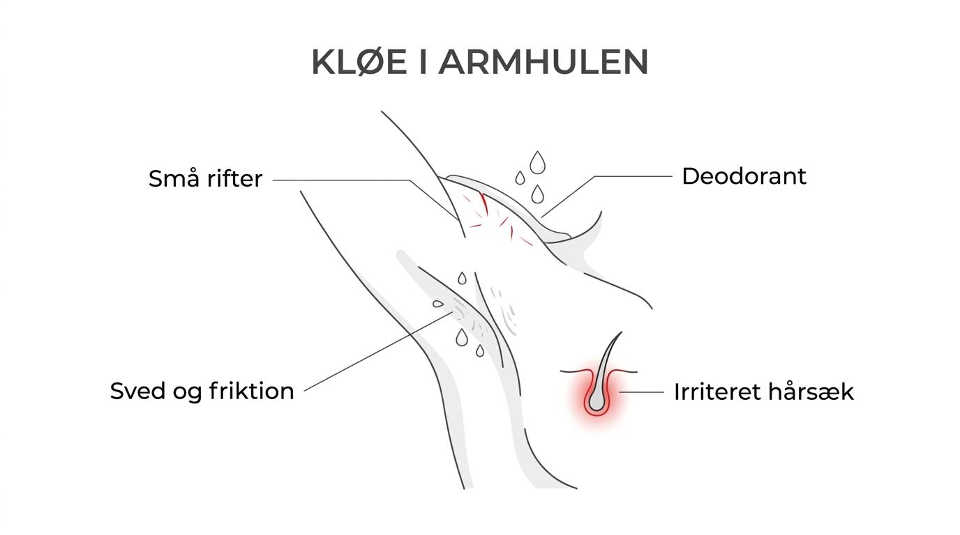 Labeled close-up of an armpit showing tiny shaving nicks, irritated hair follicles, sweat, friction zones, and deodorant exposure after shaving.