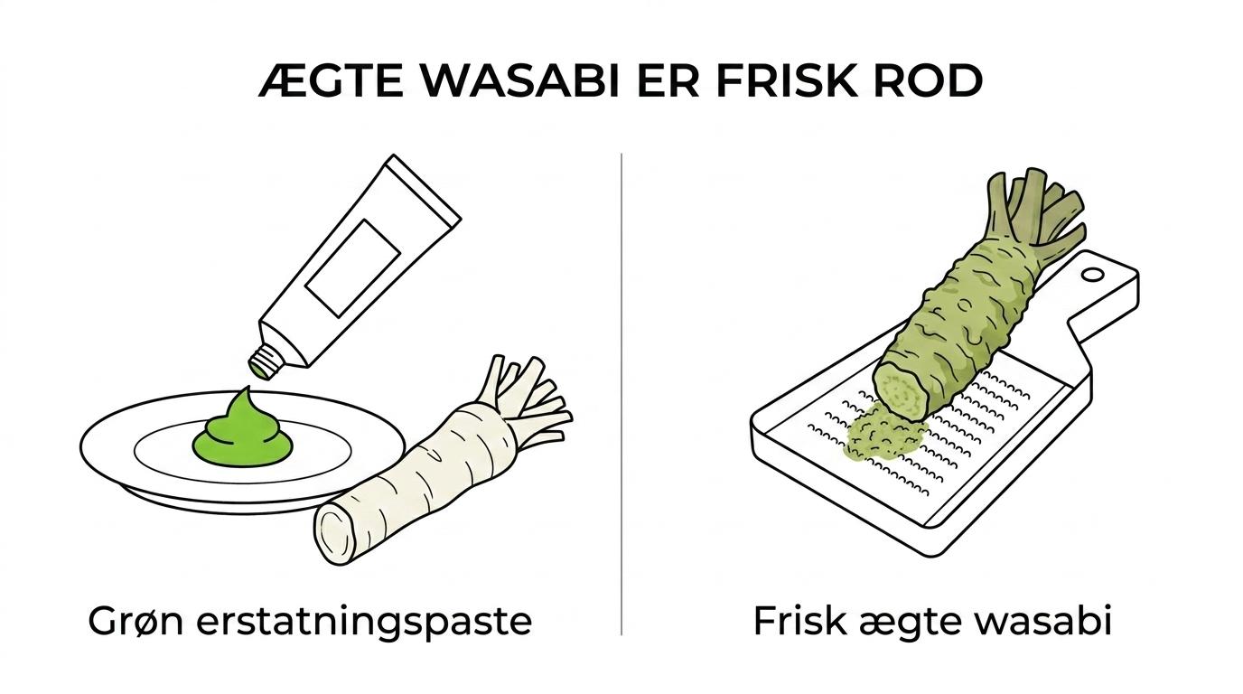 Sammenligning mellem en frisk ægte wasabirod og en skefuld stærk grøn wasabi-erstatningspaste.