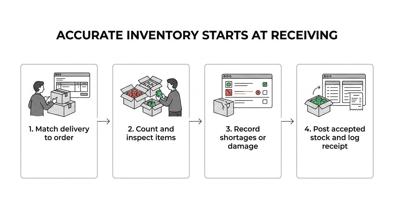 A step-by-step goods receiving workflow from expected delivery and PO match to counting, discrepancy checks, accepted stock update, and receiving log.