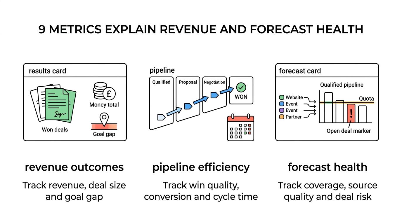 A visual grouping nine sales analytics metrics, including closed won, win rate, conversion rate, average deal size, sales cycle length, pipeline coverage, gap-to-goal, lead source performance and predictive deal risk.