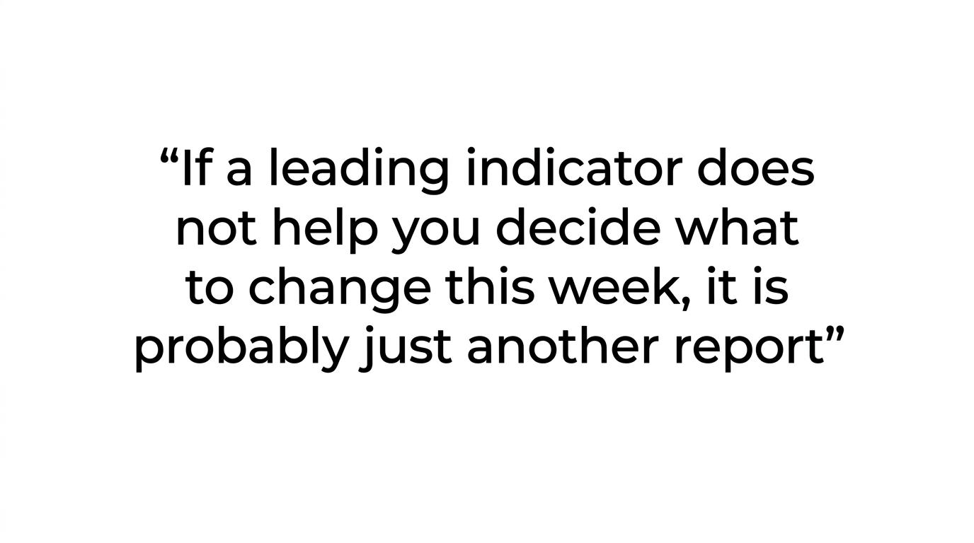 A highlighted quote stating that if a leading indicator does not help decide what to change this week, it is probably just another report.