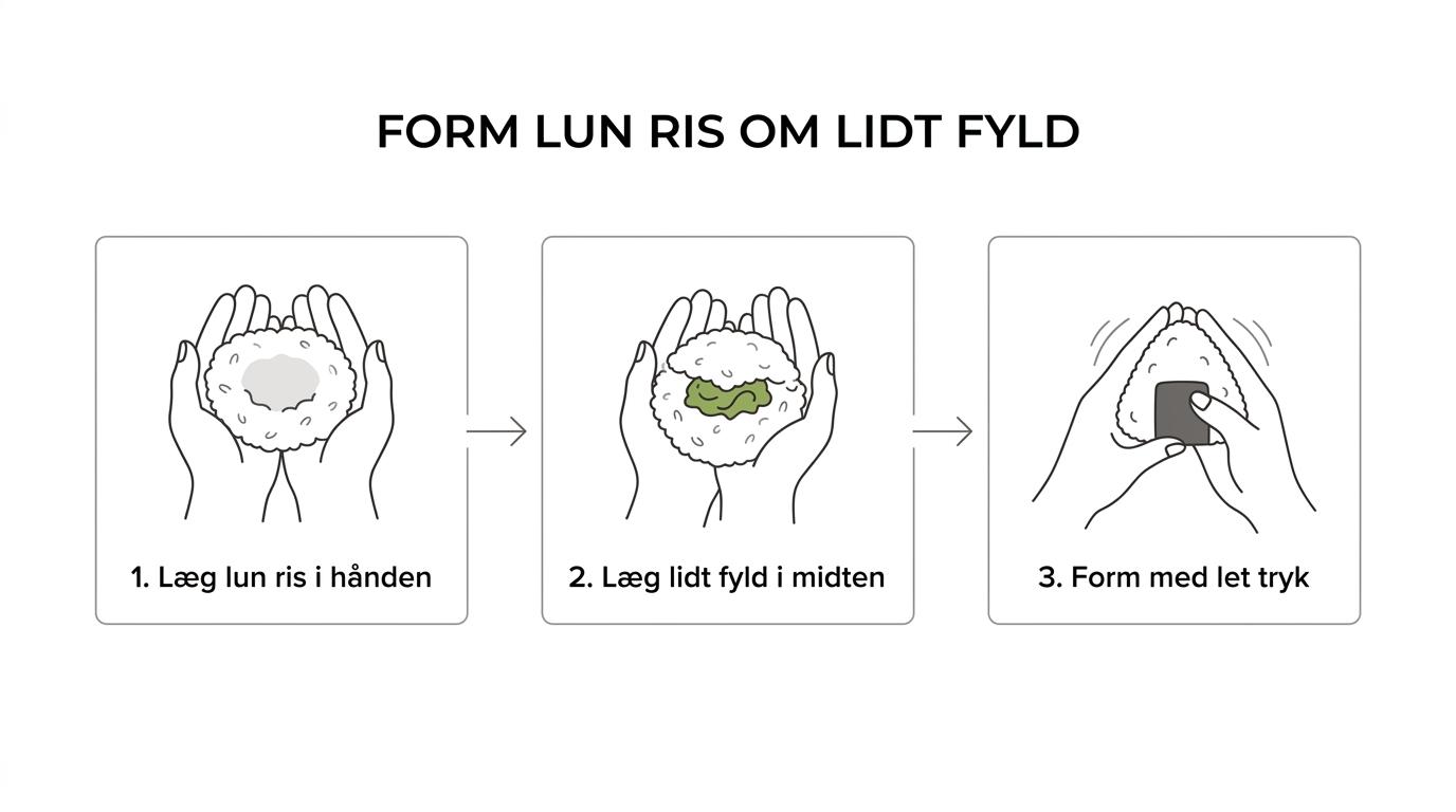 Trinvis formning af onigiri: ris i hånden, fyld i midten, ekstra ris ovenpå og en forsigtigt formet trekant.