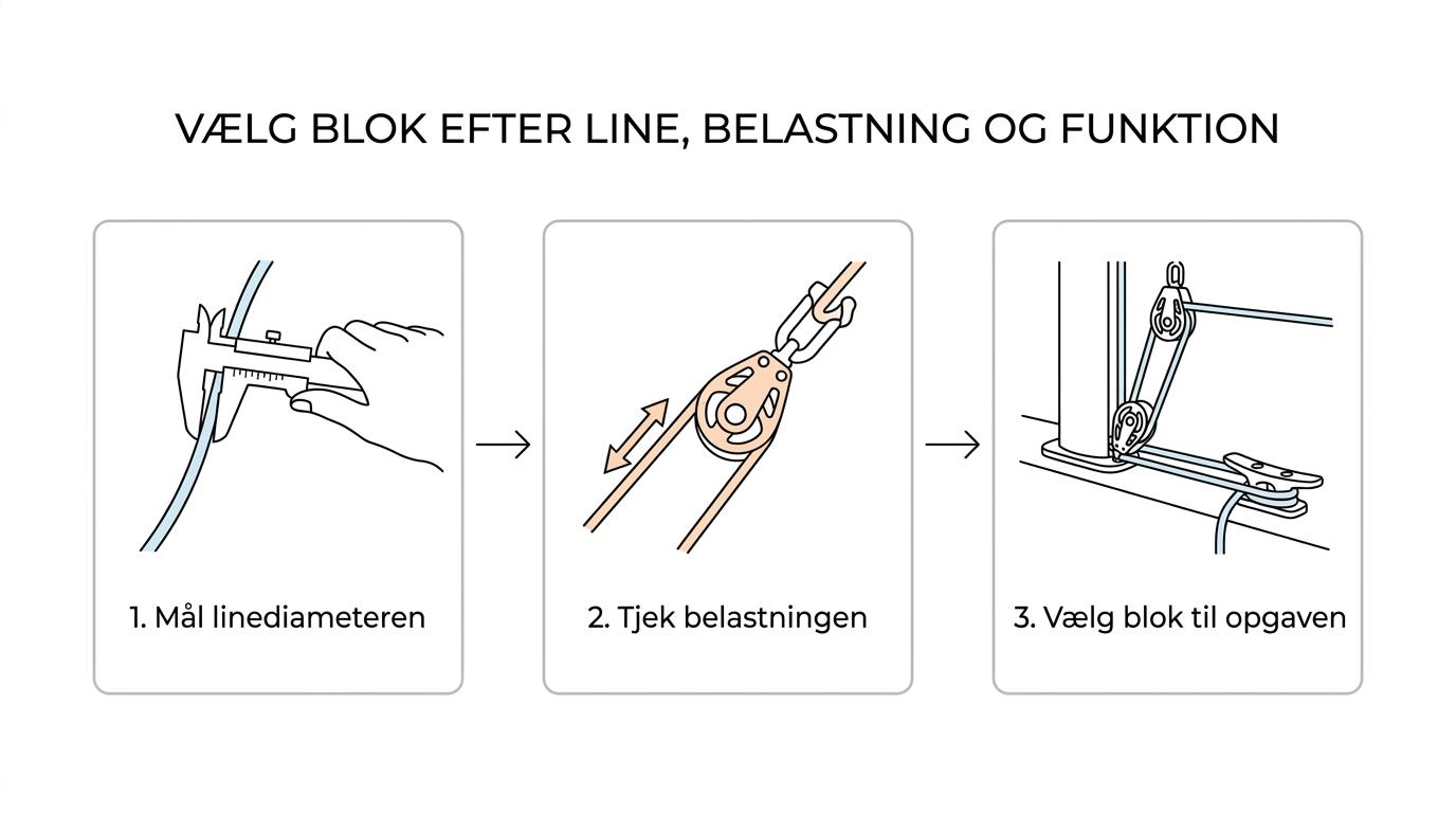 Et trin-for-trin forløb, der viser valg af sejlblok ud fra linediameter, working load, funktion, bearing-type og montage.