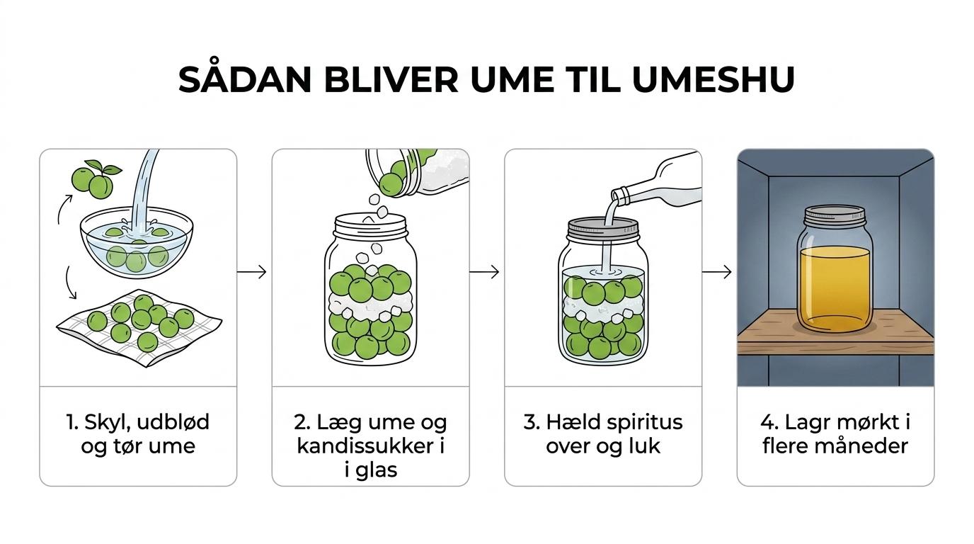 Trinvis visning af umeshu-processen: ume lægges i blød, tørres og renses, lægges lagvis med kandissukker i et glas, dækkes med spiritus og lagres mørkt.