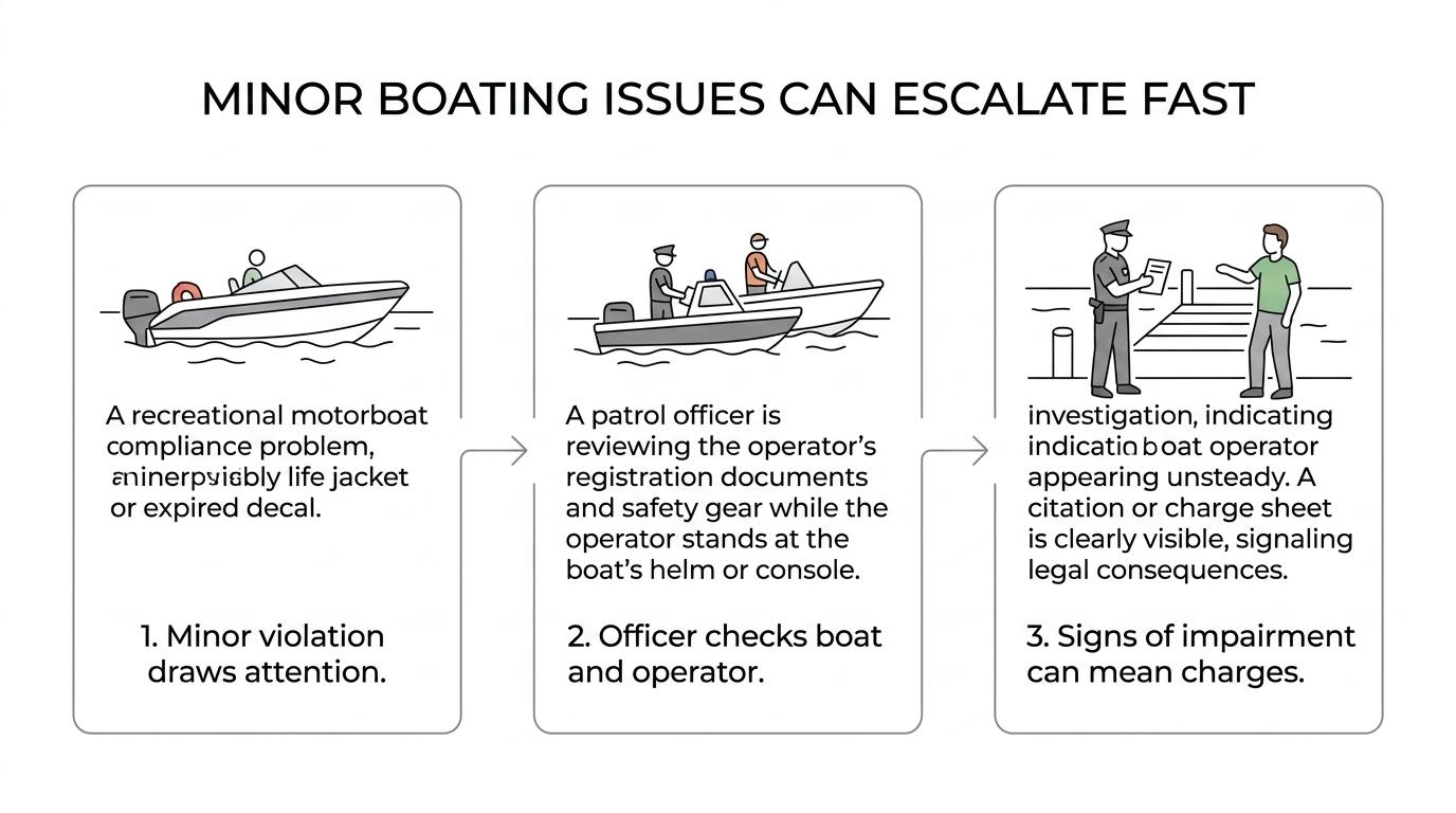Flow diagram showing how a routine Michigan boating stop can escalate from a safety check to citations or criminal charges.